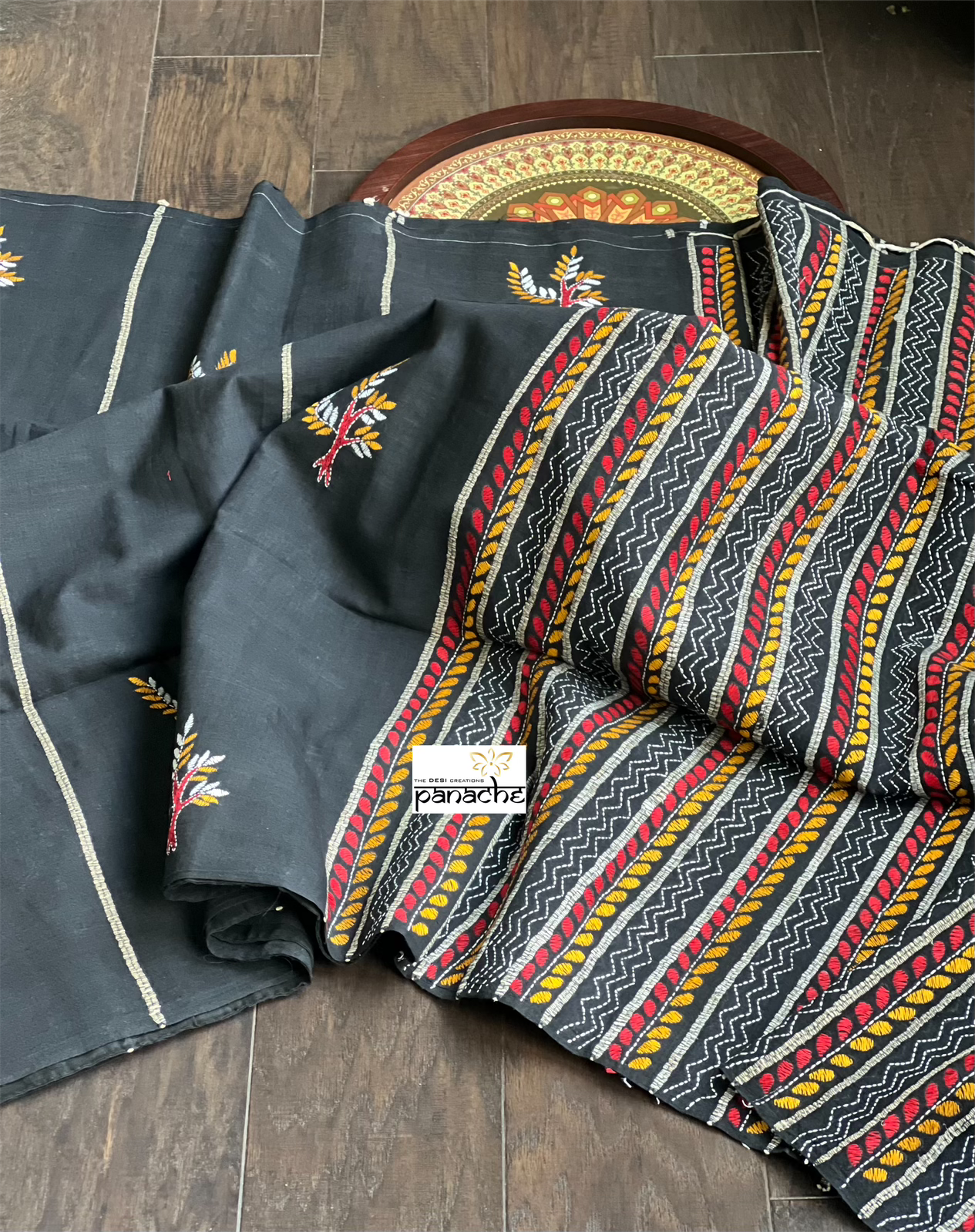 Pure Cotton Khes Kantha Stitch -  Black Multi Color
