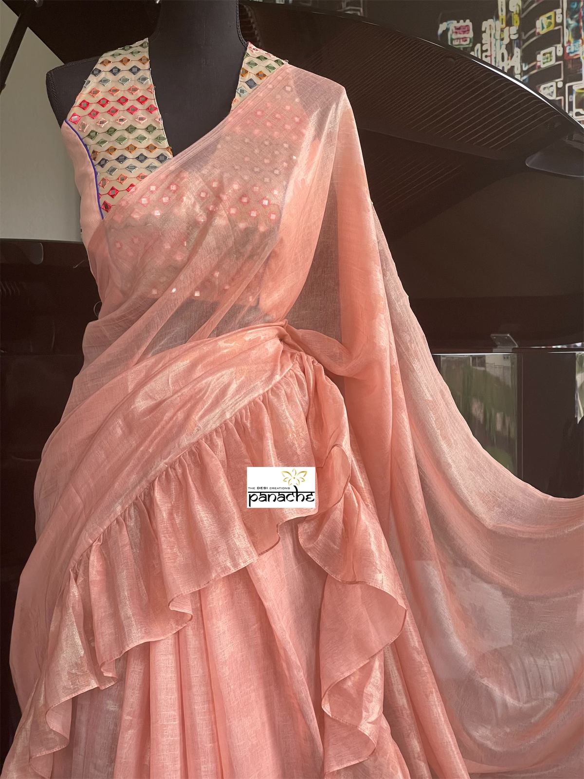 Designer Chiffon Silk - Peach Frill Saree