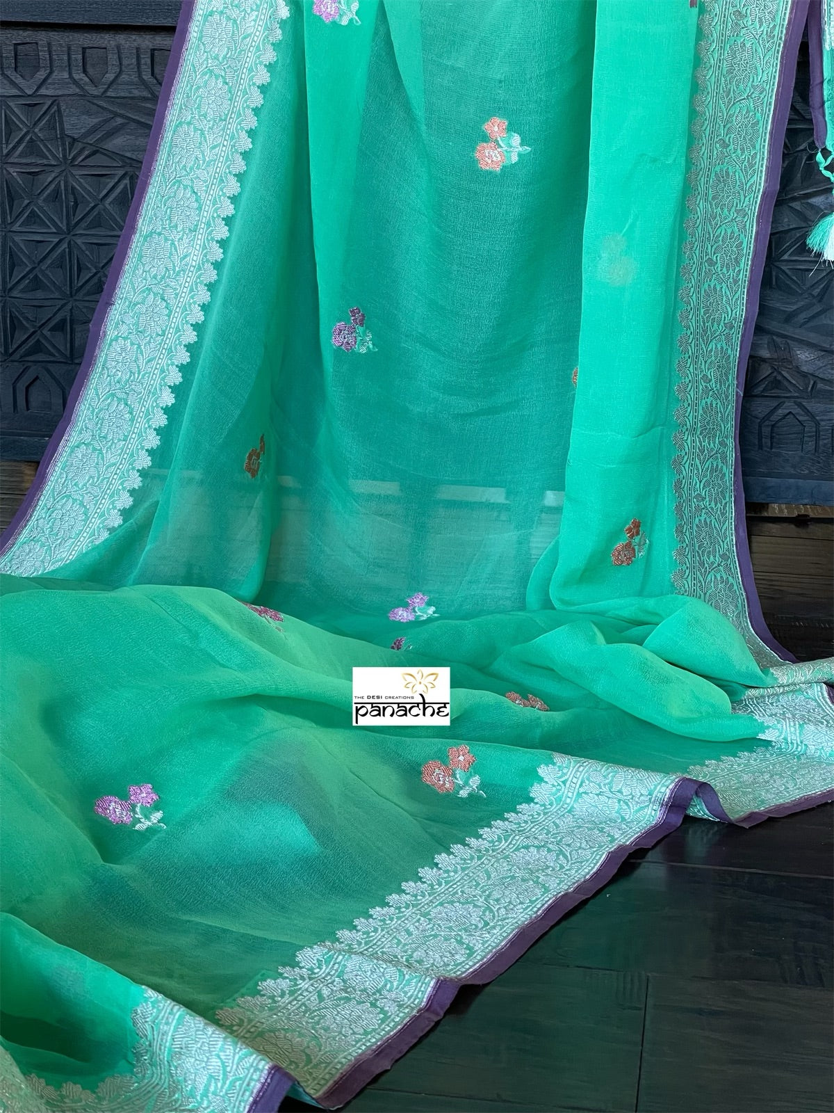 Khaddi Georgette Banarasi - Green Purple Khadhua Woven
