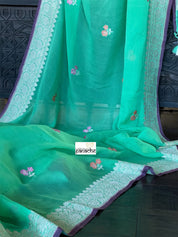 Khaddi Georgette Banarasi - Green Purple Khadhua Woven