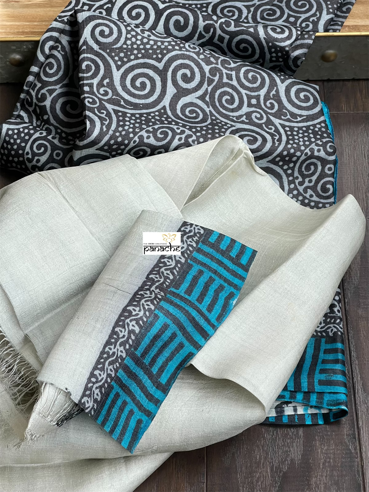 Pure Tussar Silk Printed -  Grey Black Firozi