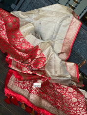 Pure Tassur Silk Banarasi - Beige Tan Red Meenakari