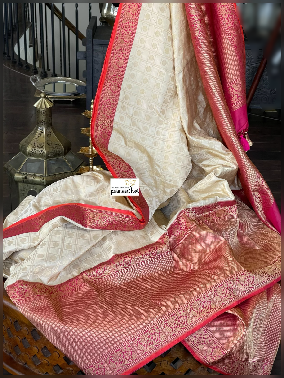 Pure Katan Silk Checkered Banarasi - Golden Beige Magenta Red Kadwa woven