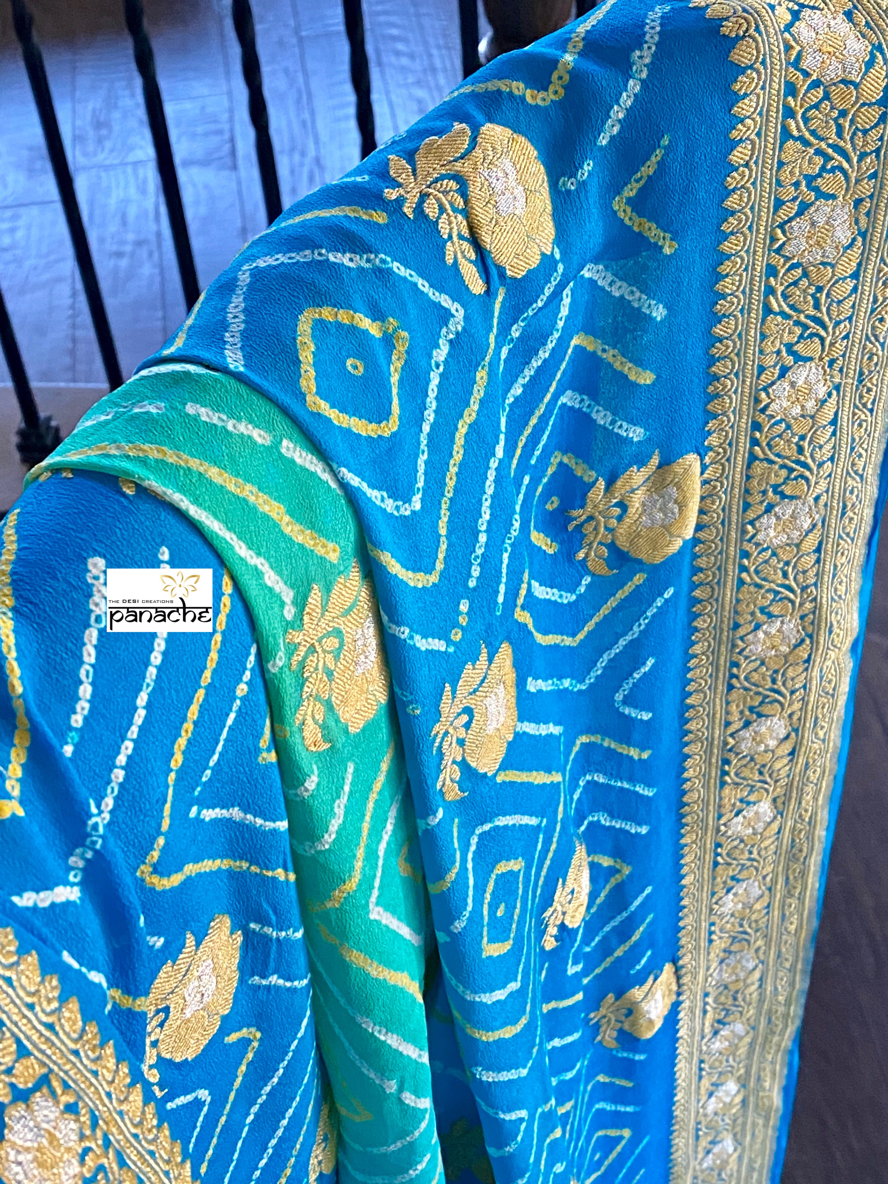 Bandhej Khaddi Georgette Banarasi - Firozi Sea Green Kadwa