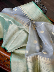 Organza Silk Banarasi - Grey Sea Green Kadwa Motifs