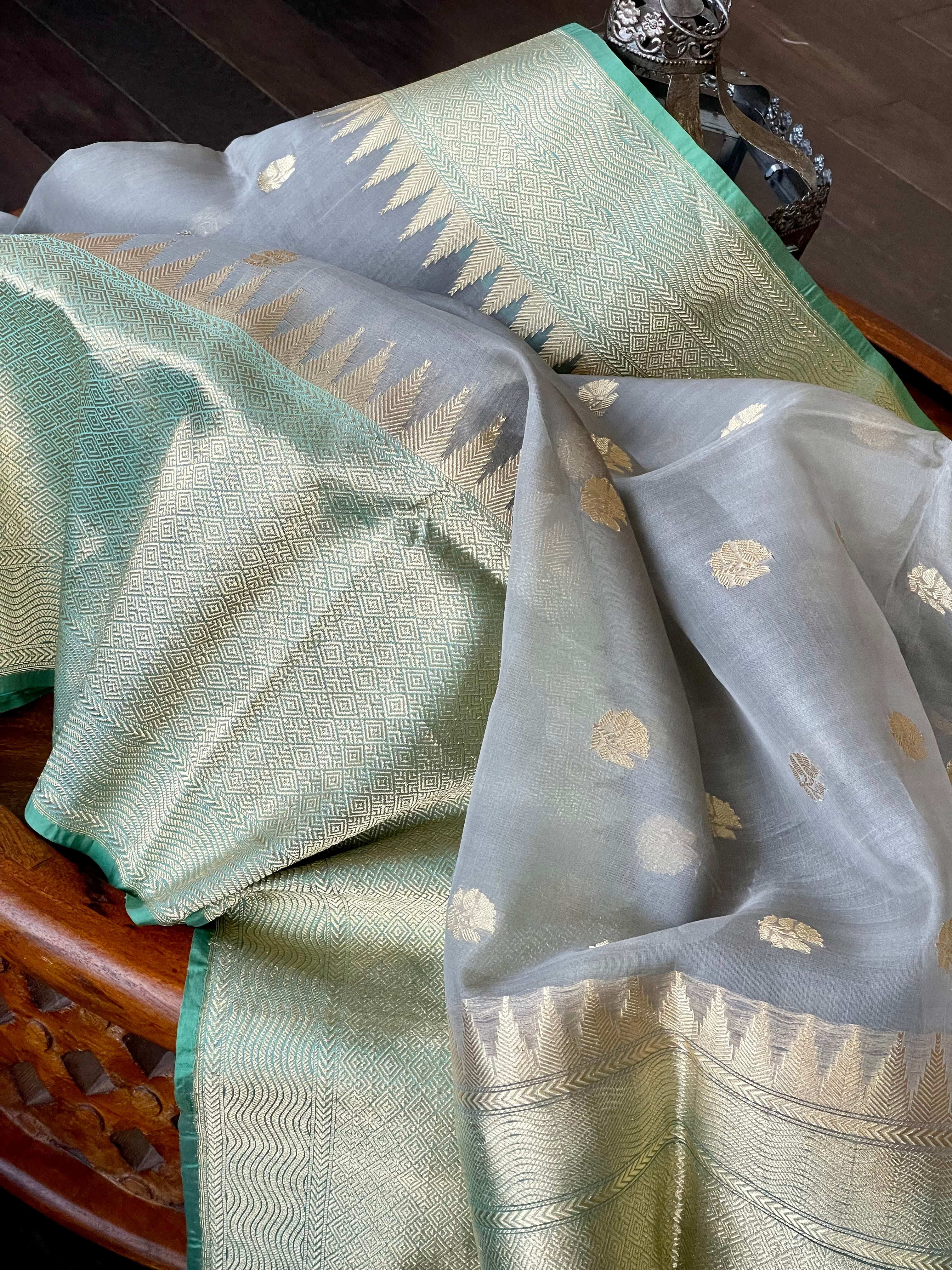 Organza Silk Banarasi - Grey Sea Green Kadwa Motifs
