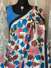 Pure Bishnupur Silk -  Ivory Pink Blue Pen-Kalamkari