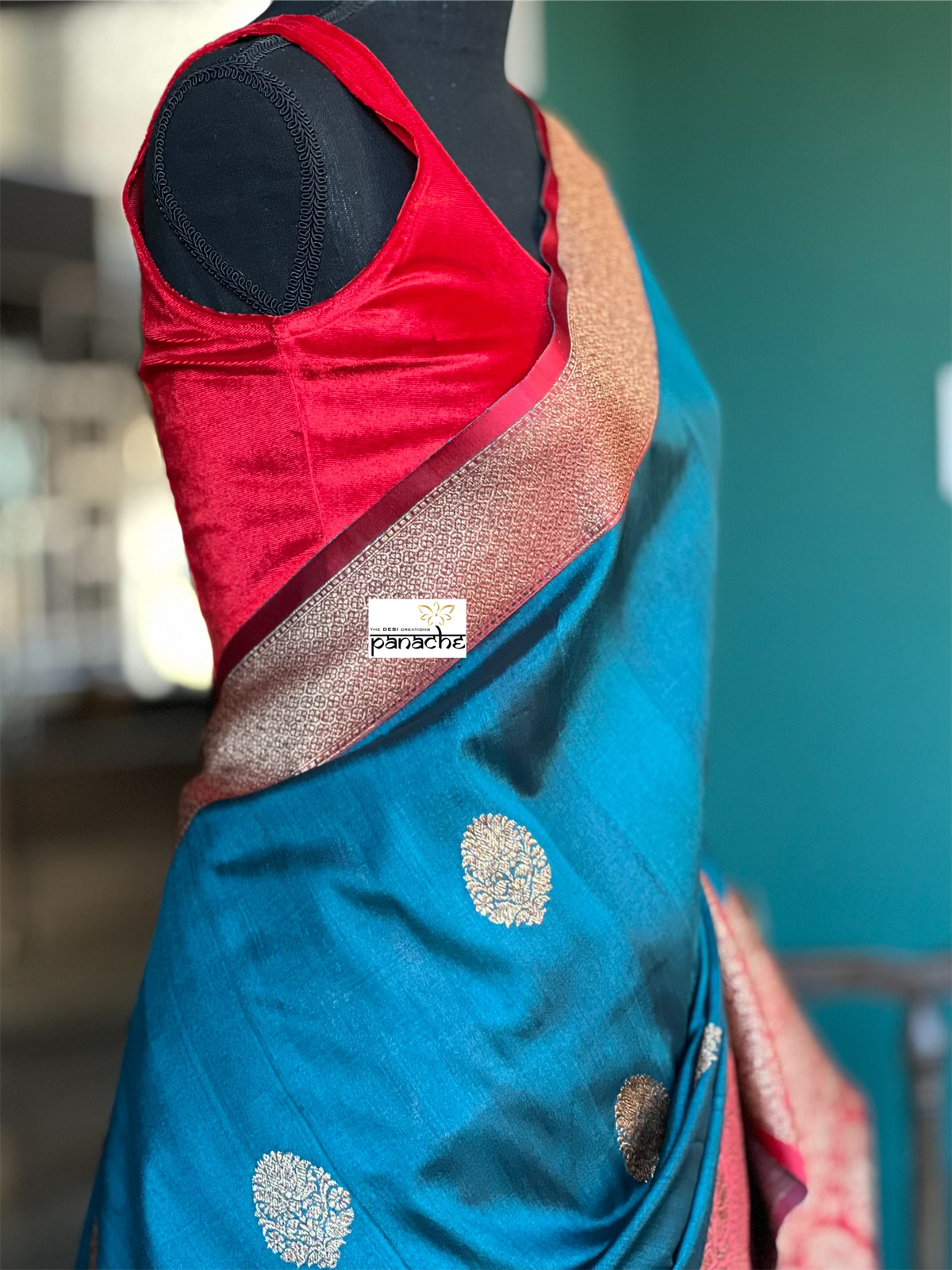 Tussar Silk Banarasi - Teal Blue Red Patli Pallu