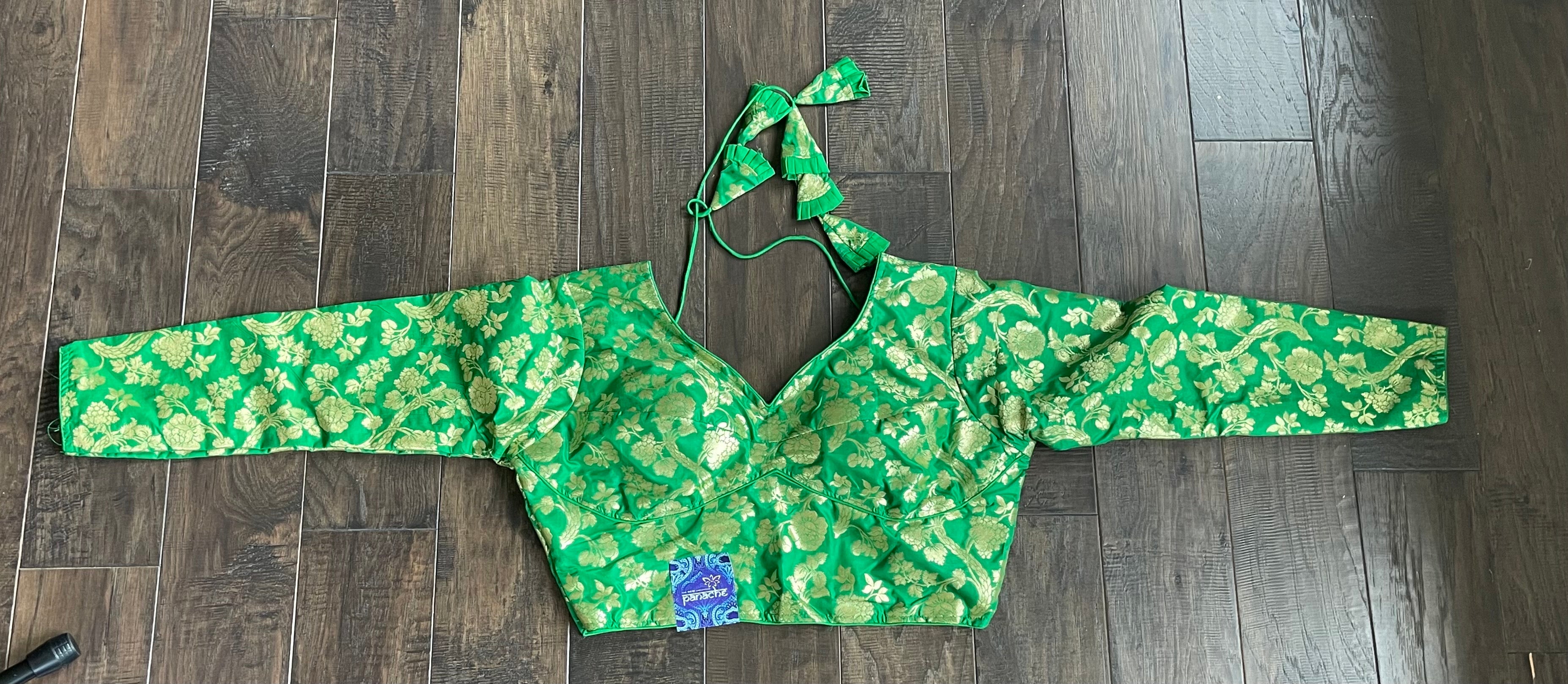Designer Blouse - Green Brocade Full Sleeve