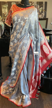 Muga Silk Banarasi - Grey Red Silver Zari