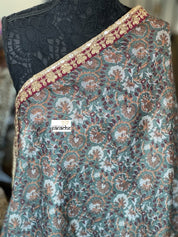 Designer Jute Silk - Teal Grey Floral Printed