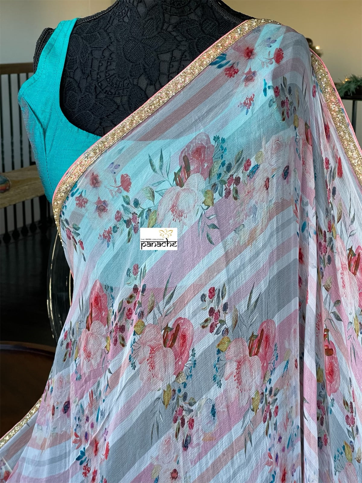 Designer Georgette Striped - Pink Floral