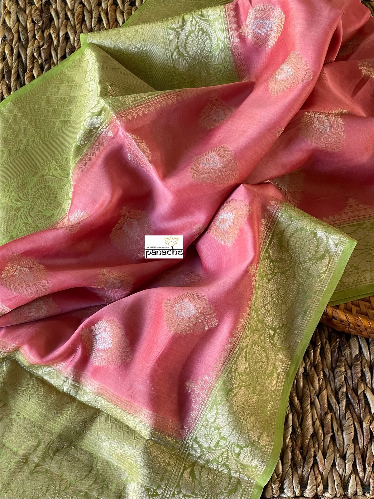 Mulmul Tissue Cotton Banarasi - Pink Green Golden Zari
