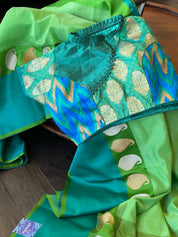 Pure Silk Cotton Banarasi - Green Firozi Khadwa Woven