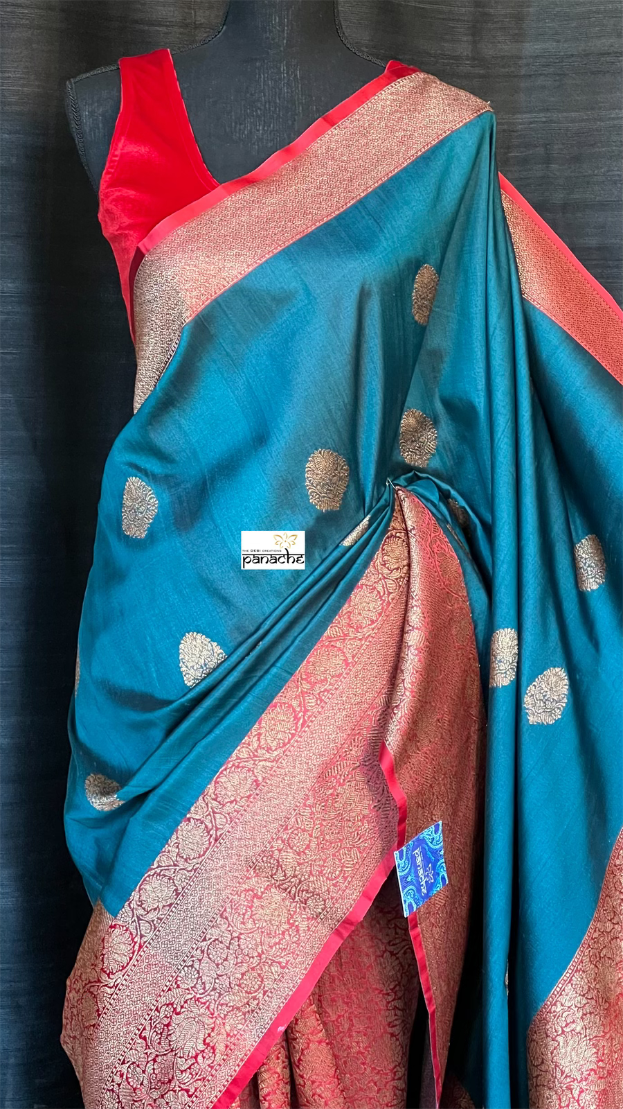 Tussar Silk Banarasi - Teal Blue Red Patli Pallu