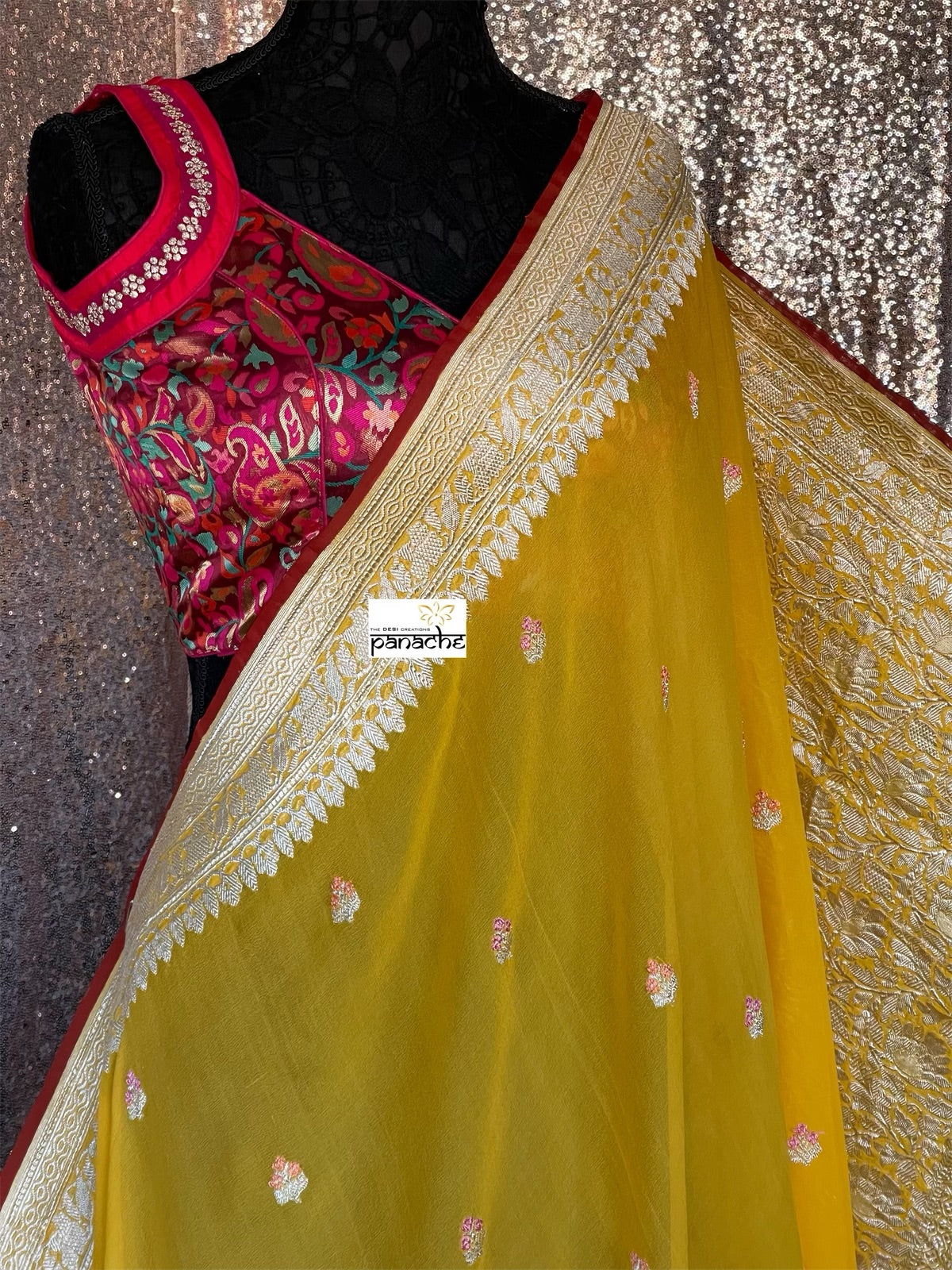 Khaddi Georgette Banarasi - Yellow Red Khadhua Woven
