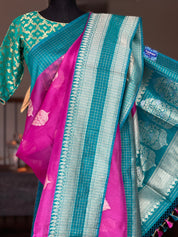 Tussar Silk Banarasi - Magenta Pink Rama Green Zari checkered