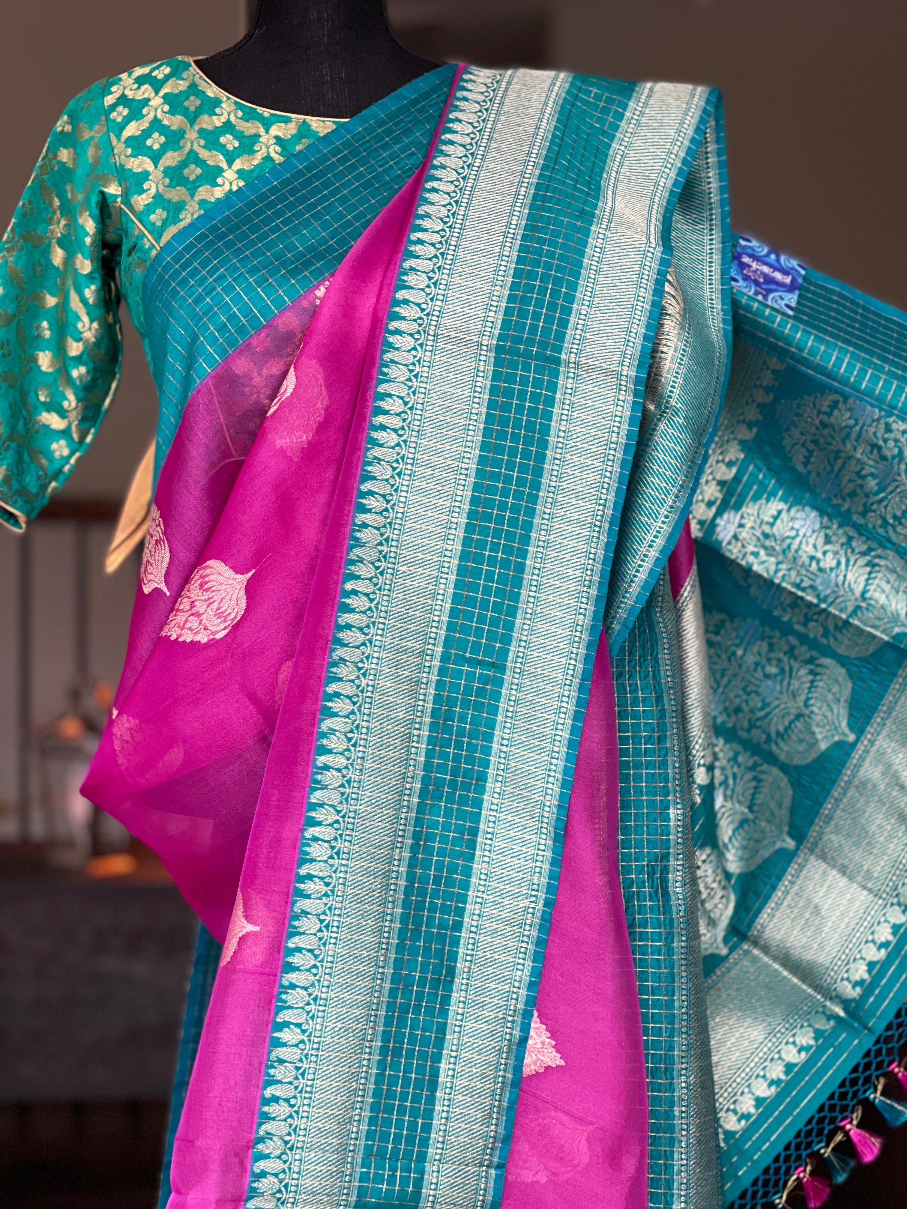 Tussar Silk Banarasi - Magenta Pink Rama Green Zari checkered