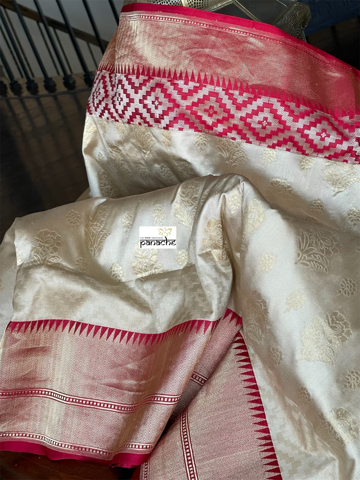 Pure Katan Silk Banarasi - Golden Beige Red Kadwa woven