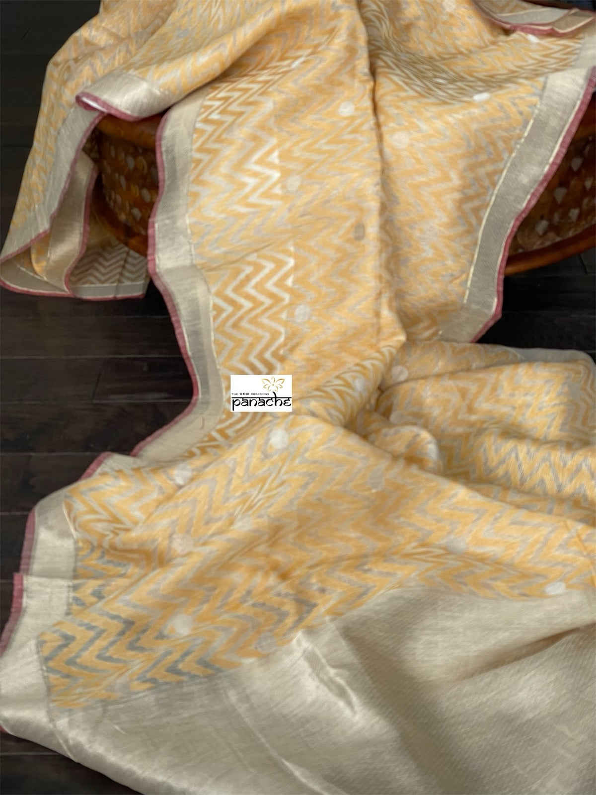 Linen By Kora Silk Banarsi - Off White Yellow Chevron