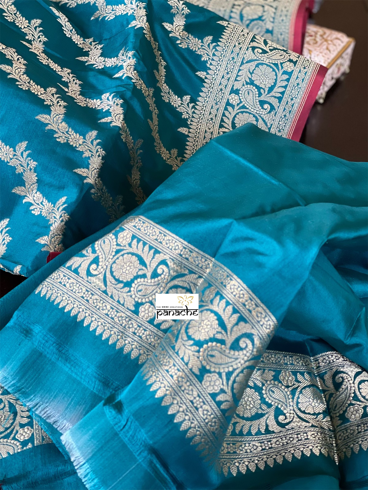 Katan Silk Leheriya Banarasi - Teal Blue Antique Zari