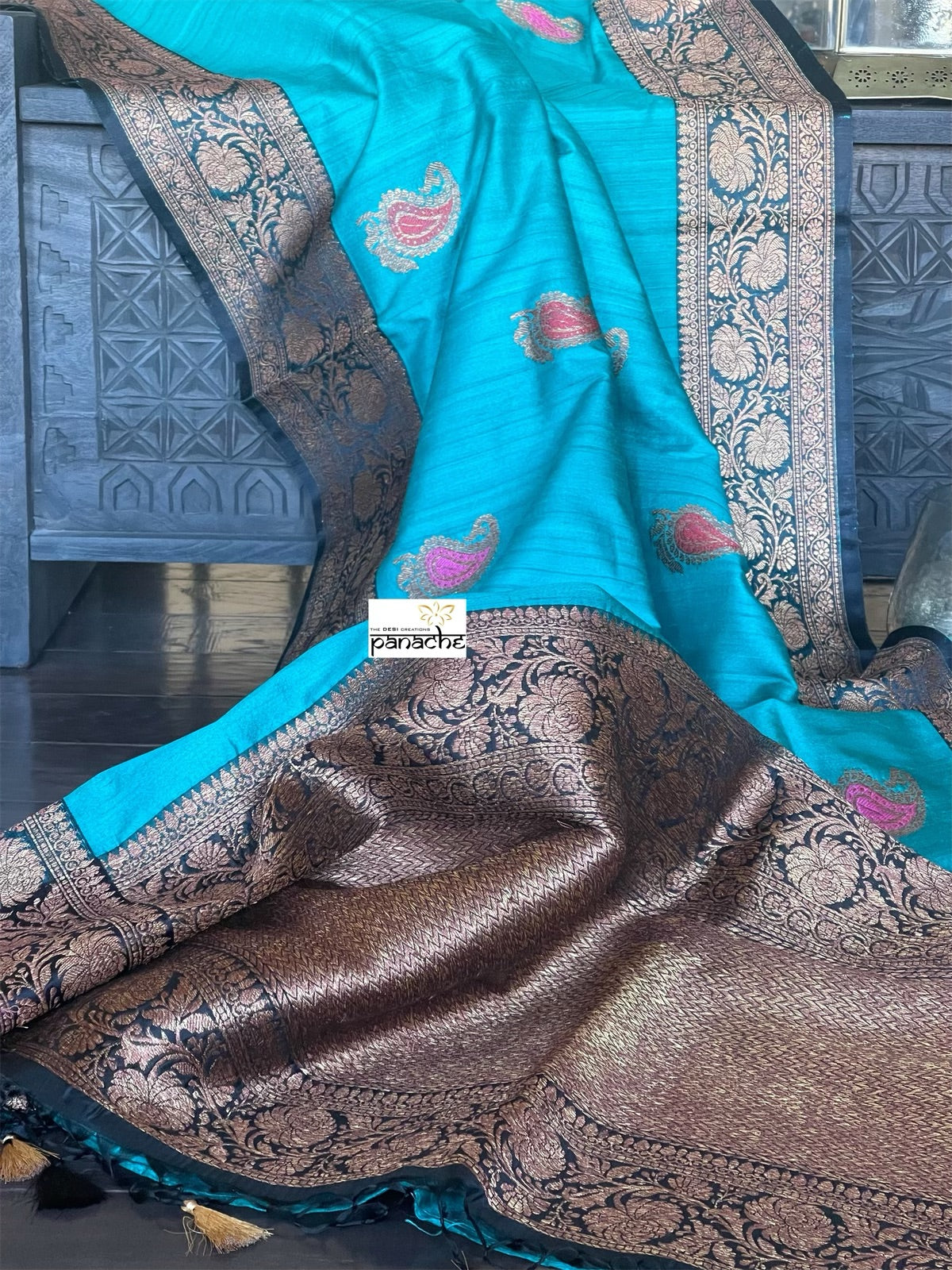 Tussar Silk Banarasi - Firozi Blue Black Meenakari