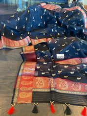 Pure Chanderi Organza Silk - Black Paisley