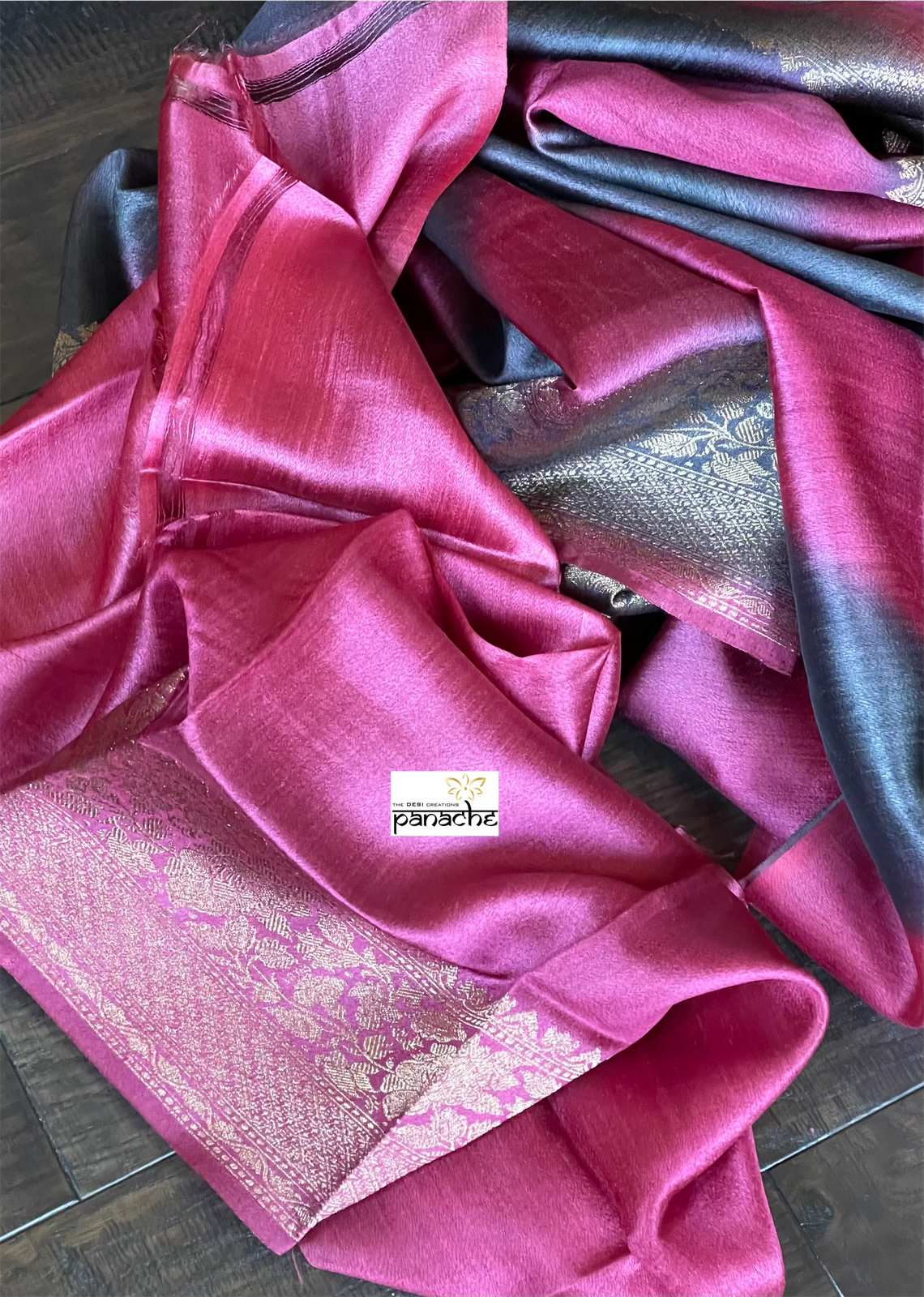Tussar Silk Banarasi Shaded - Grey Raspberry Pink Antique Golden Zari