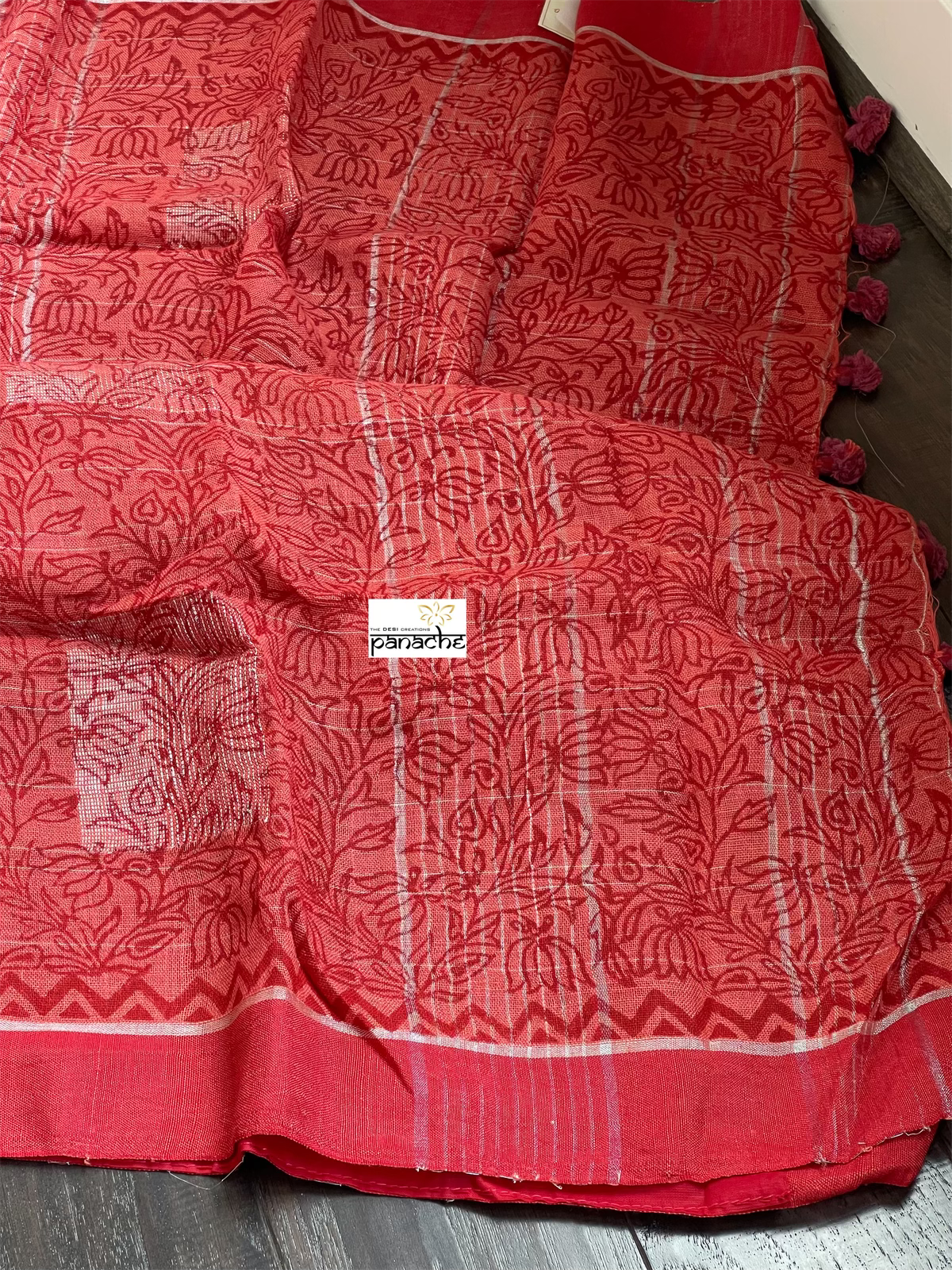 Linen Printed - Red Rust Silver Zari