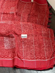Linen Printed - Red Rust Silver Zari