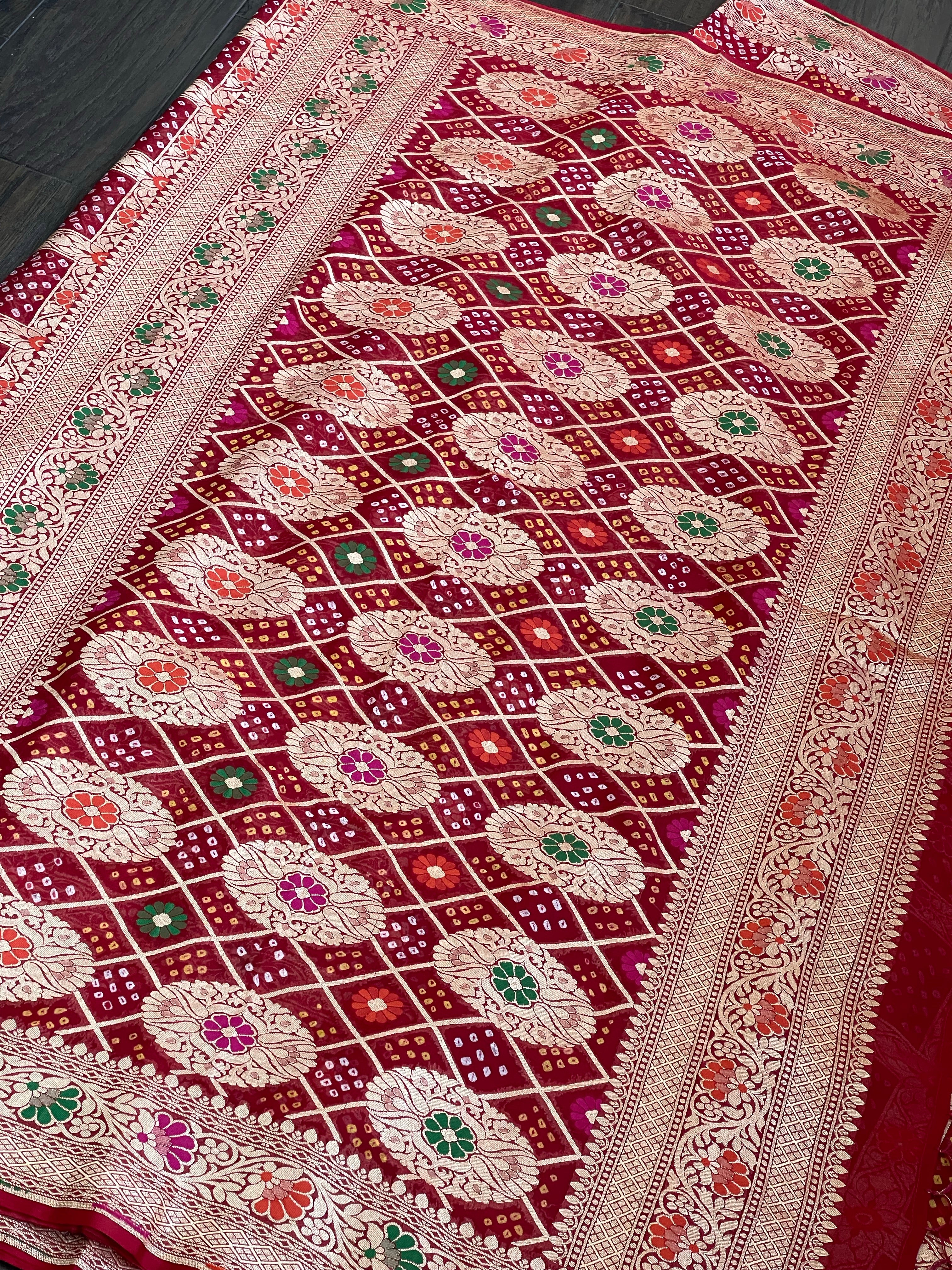 Bandhej Khaddi Georgette Banarasi - Red Gharchola
