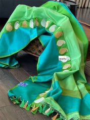 Pure Silk Cotton Banarasi - Green Firozi Khadwa Woven