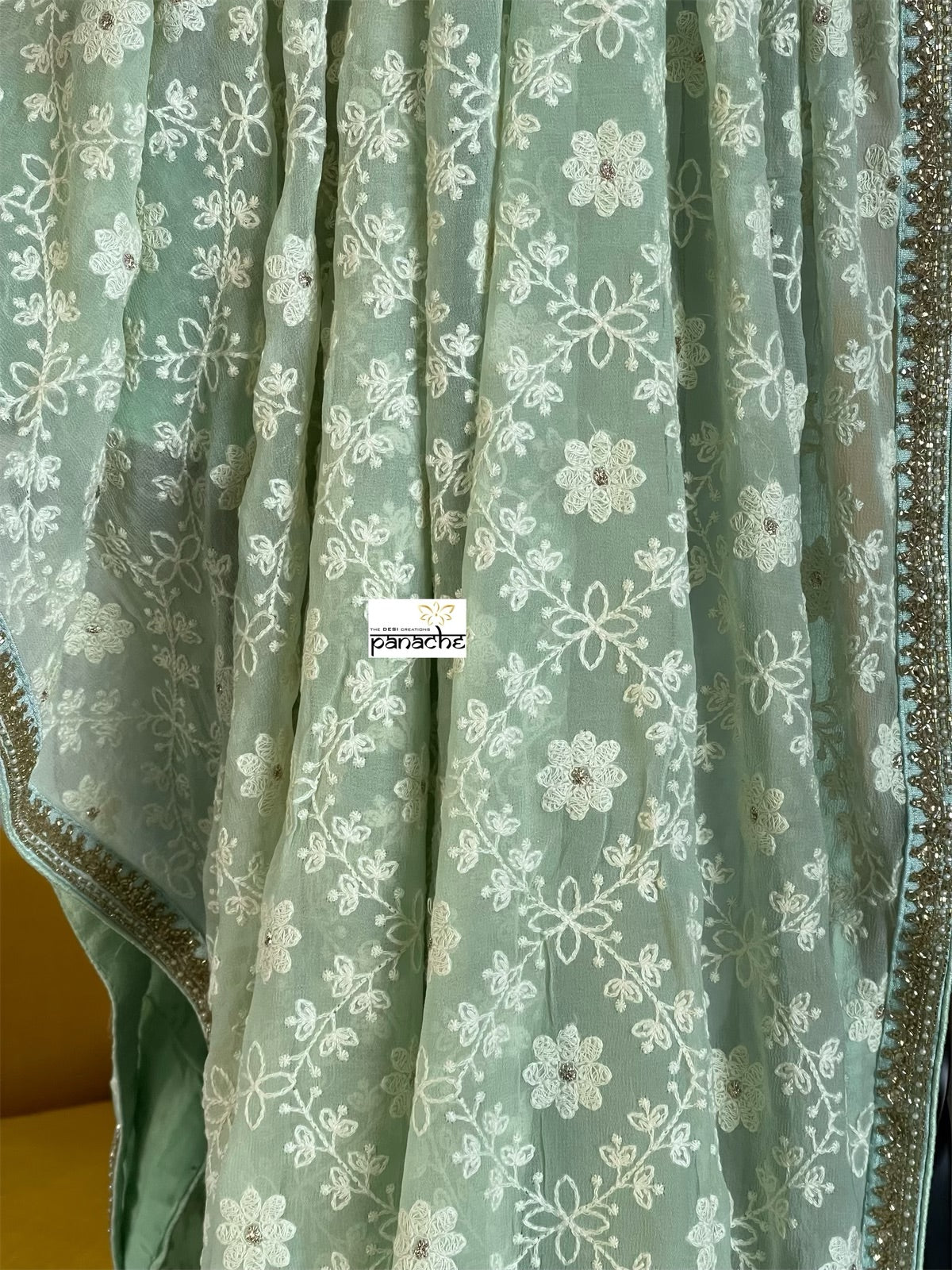 Designer Georgette Chikankari - Pista Green