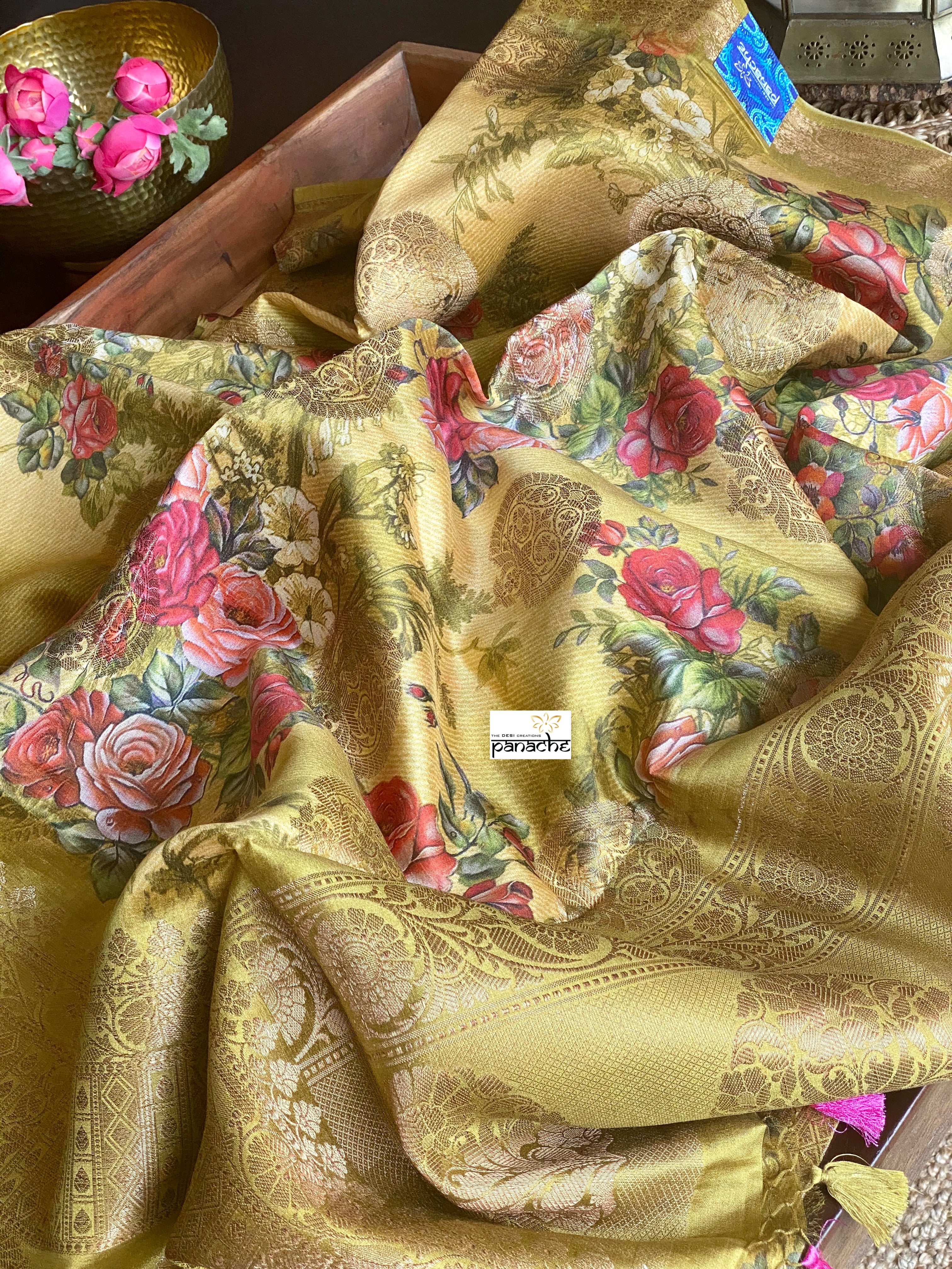 Chiniya Silk Banarasi Floral - Ochre Yellow