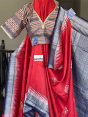 Tussar Georgette Banarasi - Red Navy Blue Kadwa