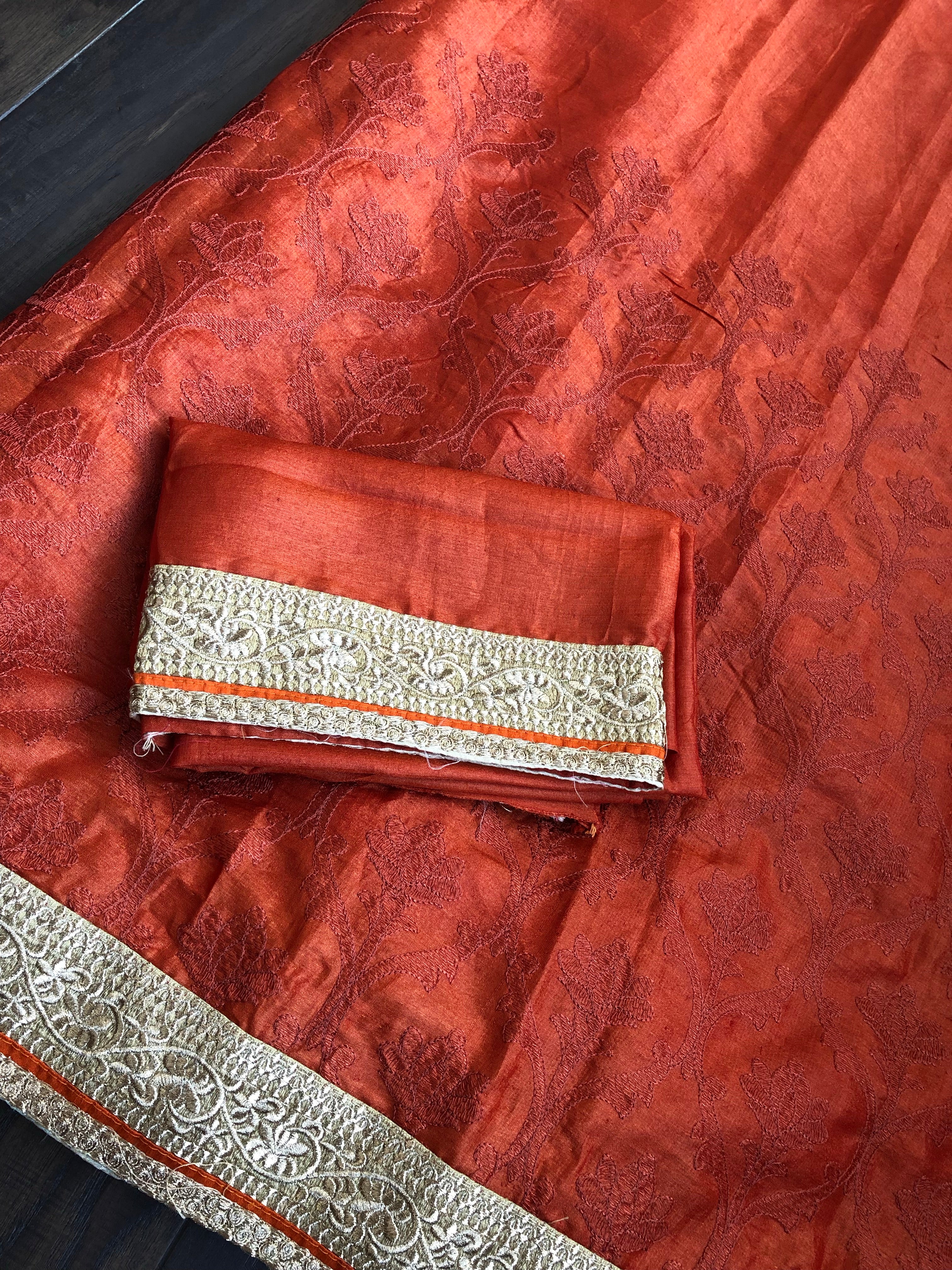 Designer Tussar Silk - Rust Golden Zari Woven