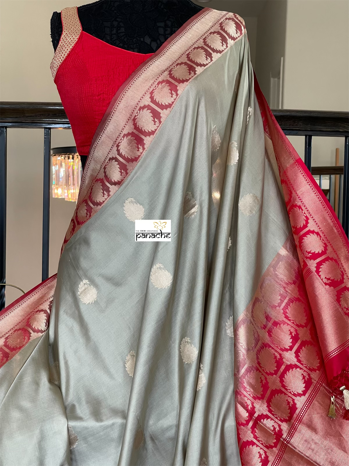 Pure Katan Silk Banarasi - Grey Red