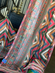 Satin Maslin Silk Printed - Beige Multi color Chevron