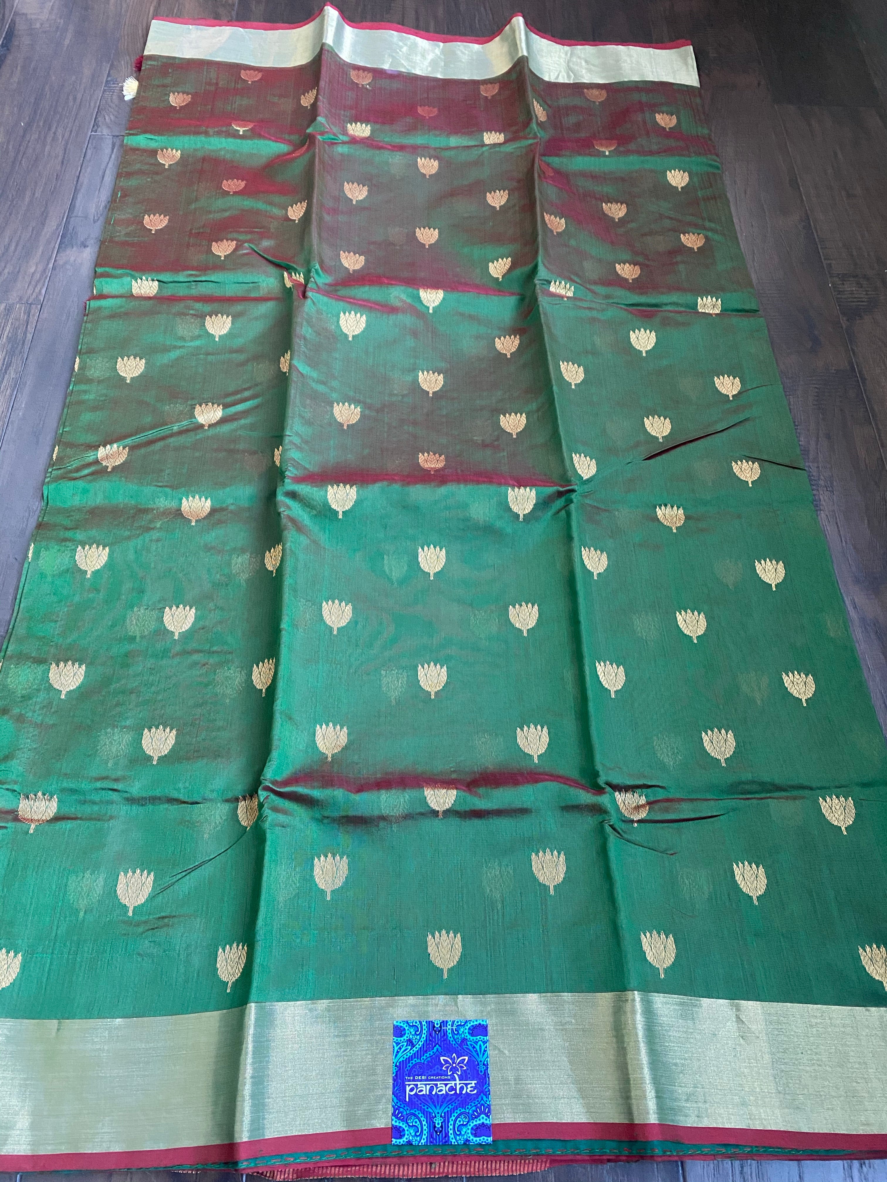 Pure Chanderi Silk - Green Dual Shaded Golden Zari