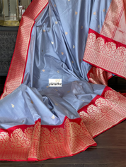 Katan Silk Banarasi - Bluish Grey Red