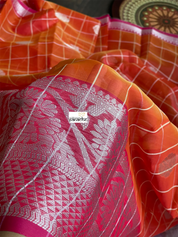South Cotton Silk - Orange Zari Checkered