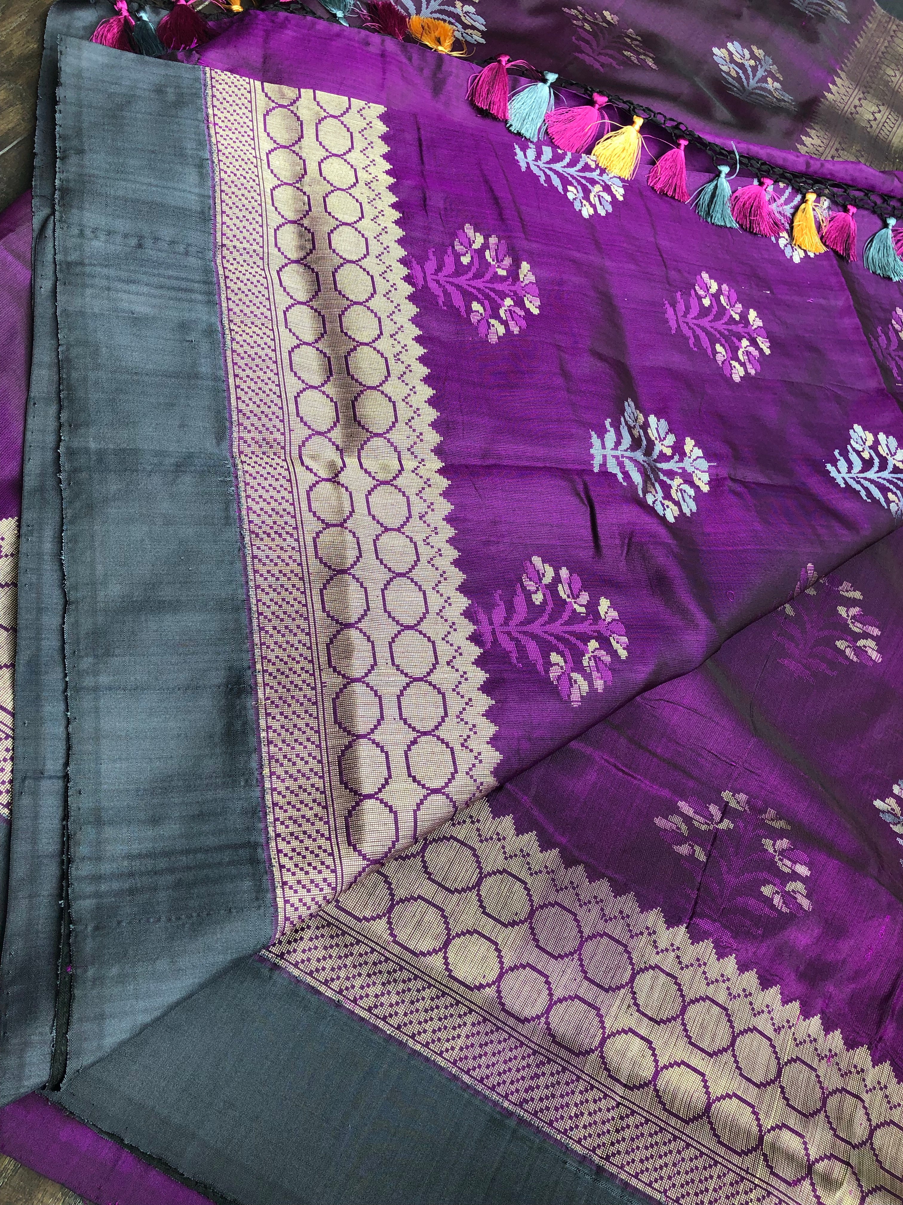 Pure Silk Katan Banarasi - Purple Meenakari Motifs