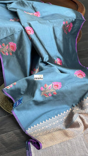 Pure Katan Silk Banarasi - Bluish Grey Purple