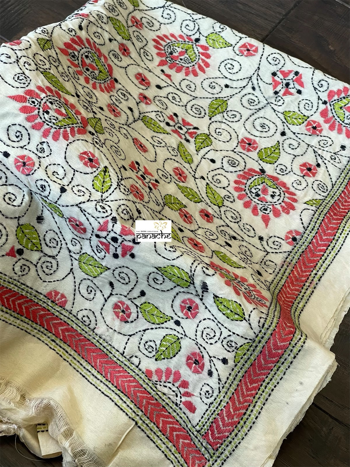 Pure Khadi Silk Stole - Beige Green Kantha Stitch