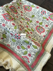 Pure Khadi Silk Stole - Beige Green Kantha Stitch