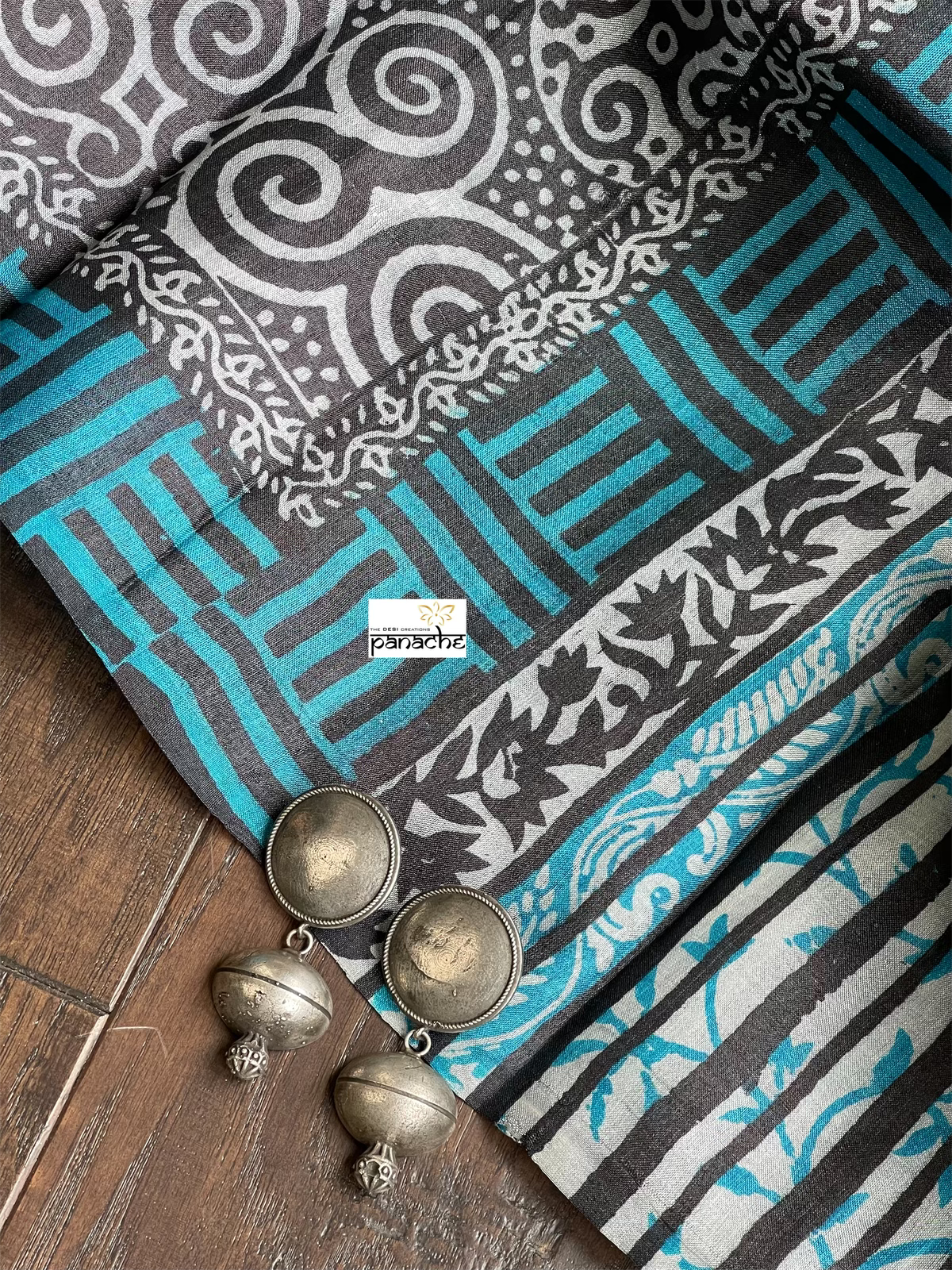 Pure Tussar Silk Printed -  Grey Black Firozi