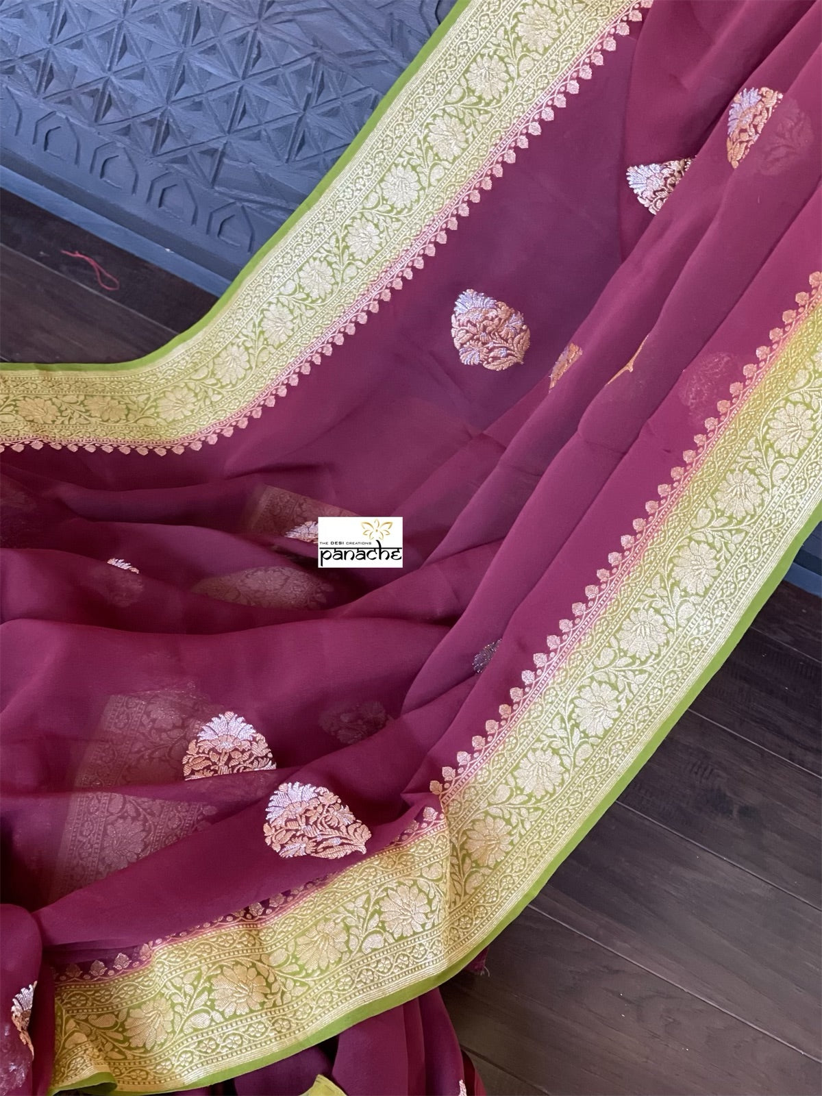 Khaddi Georgette Banarasi - Maroon Mehendi Green Kadwa