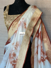 Khaddi Georgette Banarasi - Off-White Rust Brwon Tie-dye Khadhua Woven