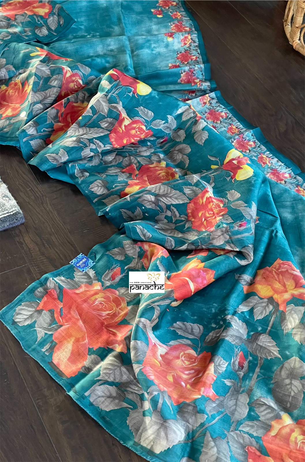 Pure Tussar Silk - Teal Blue Digital Printed