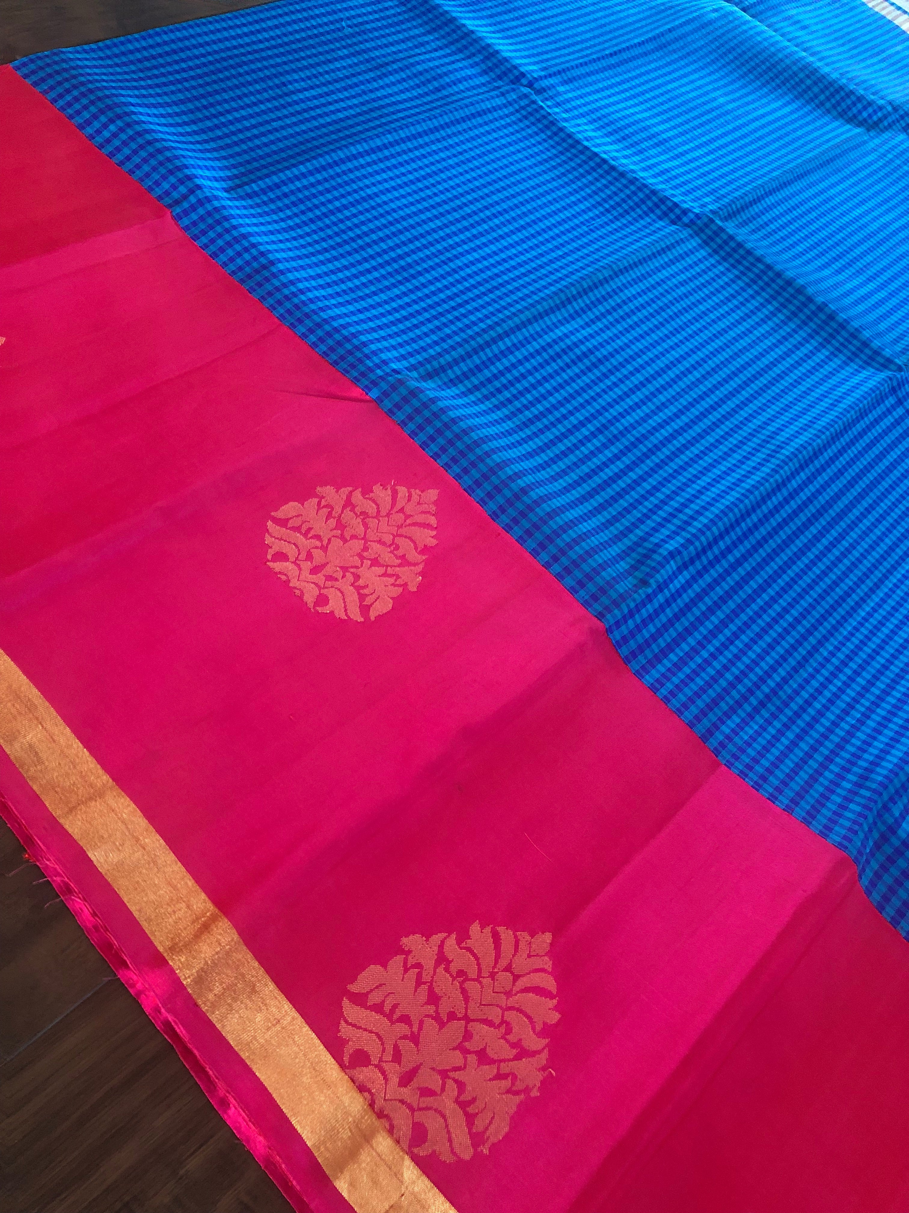 Pure Silk Kanjivaram - Royal Blue Checkered Hot Pink